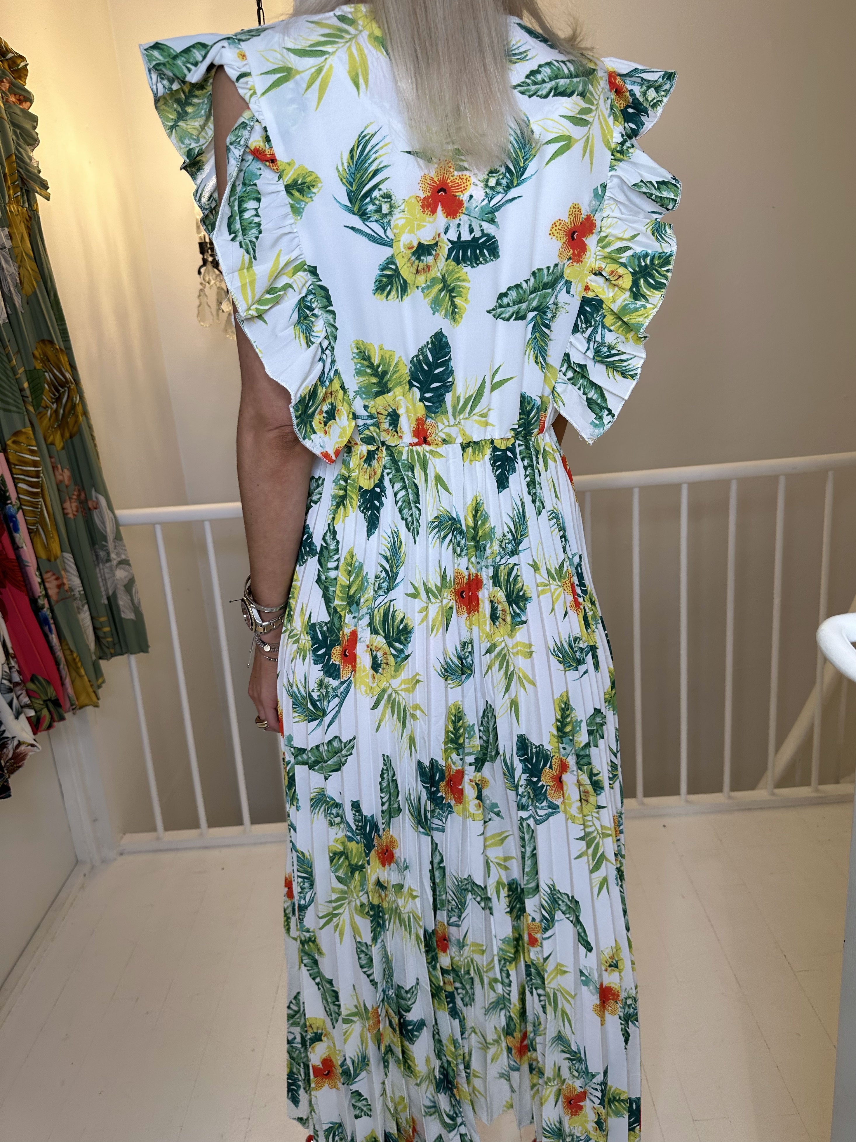 Lullu Tropical - Lang kjole med flæser og plisseret skørt